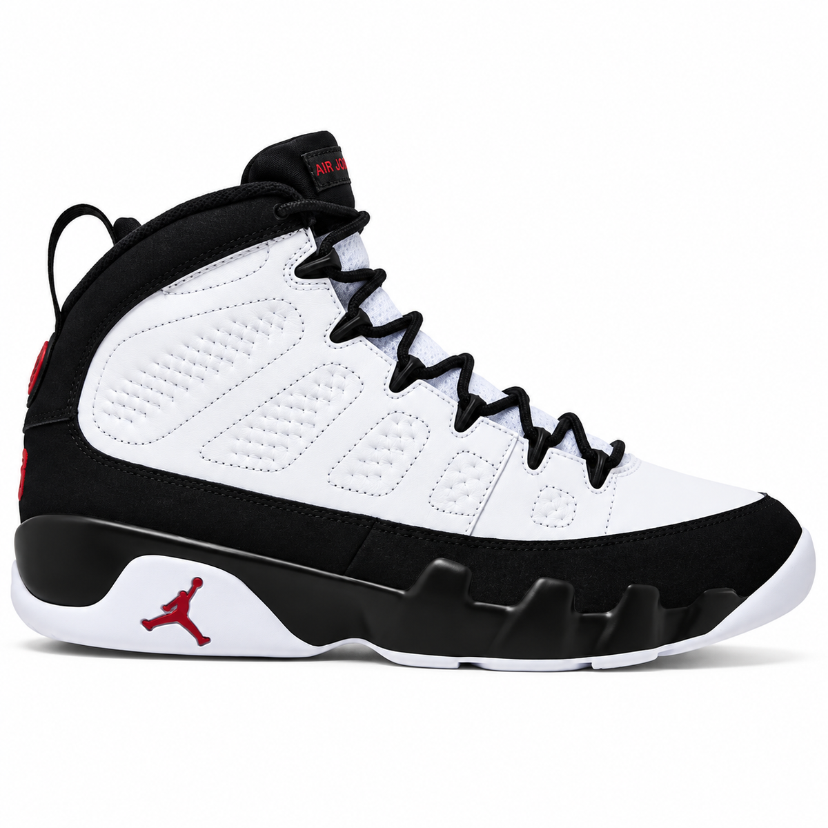 A classic high-top basketball sneaker in white and black with a red Jumpman logo on the heel, shown from the side against a white background.