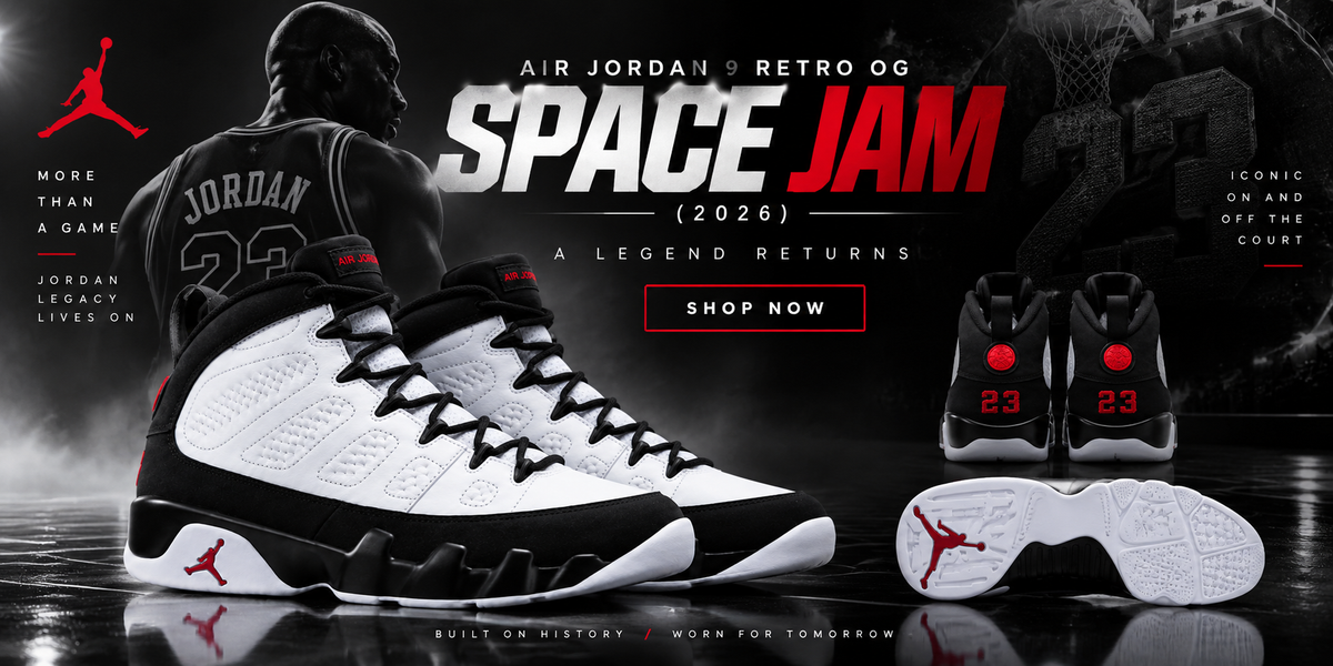 Air Jordan Retro OG Space Jam (2026) sneakers shown in a promotional graphic with Michael Jordan, the Air Jordan logo, and bold text on a dark reflective background.