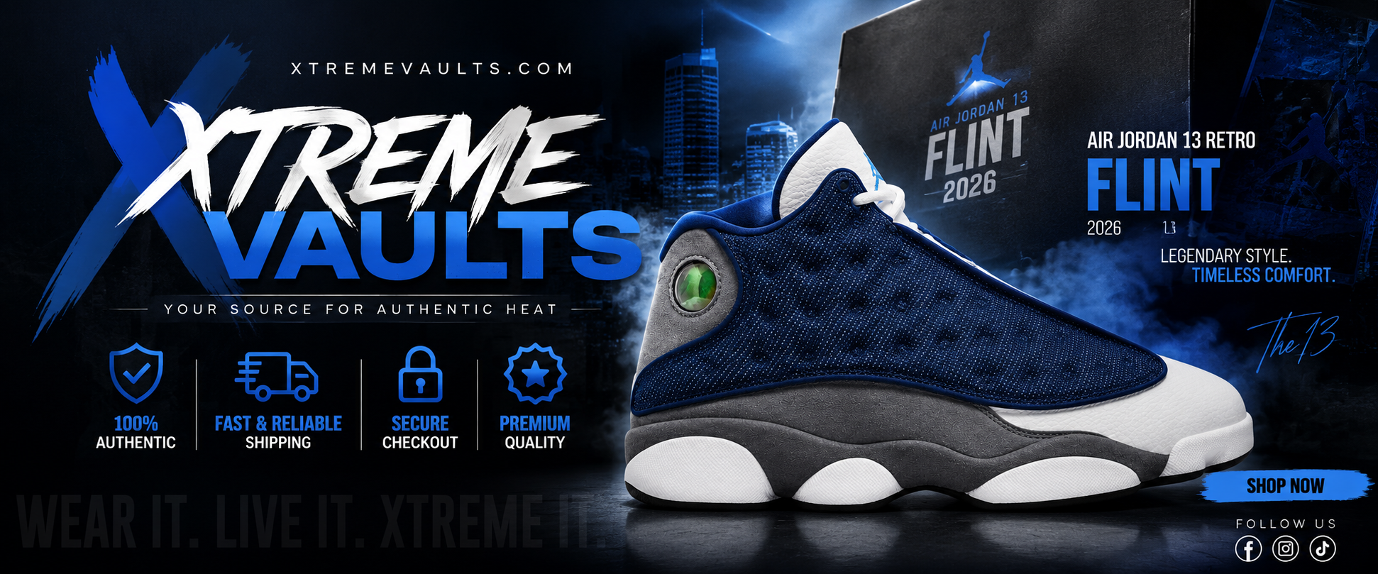 A promotional product graphic for an Xtreme Vaults Air Jordan 13 Retro 'Flint' sneaker. The shoe is shown in a side profile, featuring a dark navy blue mesh upper, a gray suede collar, and a white midsole.