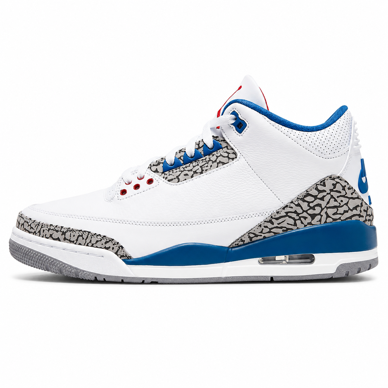 Air Jordan 3 Retro True Blue (2026) sneaker in White, True Blue, Fire Red, and Cement Grey with premium leather upper and elephant print overlays.
