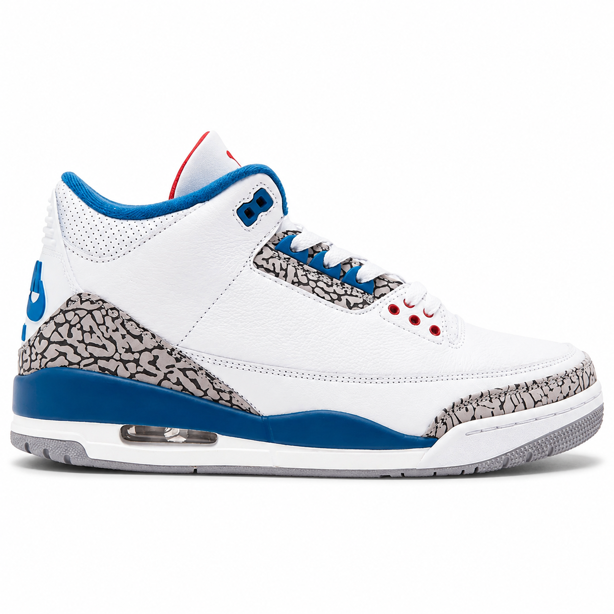 Air Jordan 3 Retro True Blue (2026) sneaker in White, True Blue, Fire Red, and Cement Grey with premium leather upper and elephant print overlays.