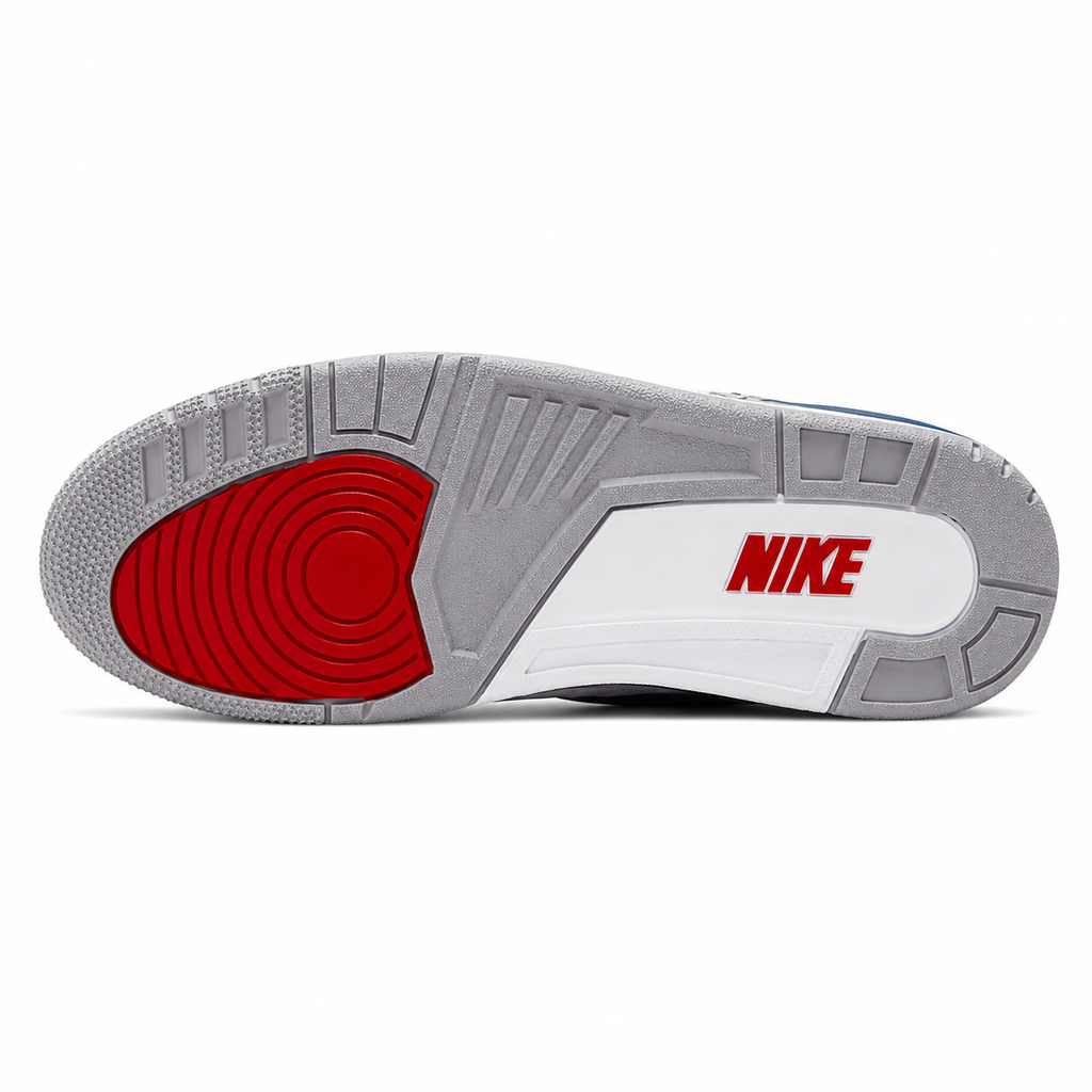 Air Jordan 3 Retro True Blue (2026) sneaker in White, True Blue, Fire Red, and Cement Grey with premium leather upper and elephant print overlays.