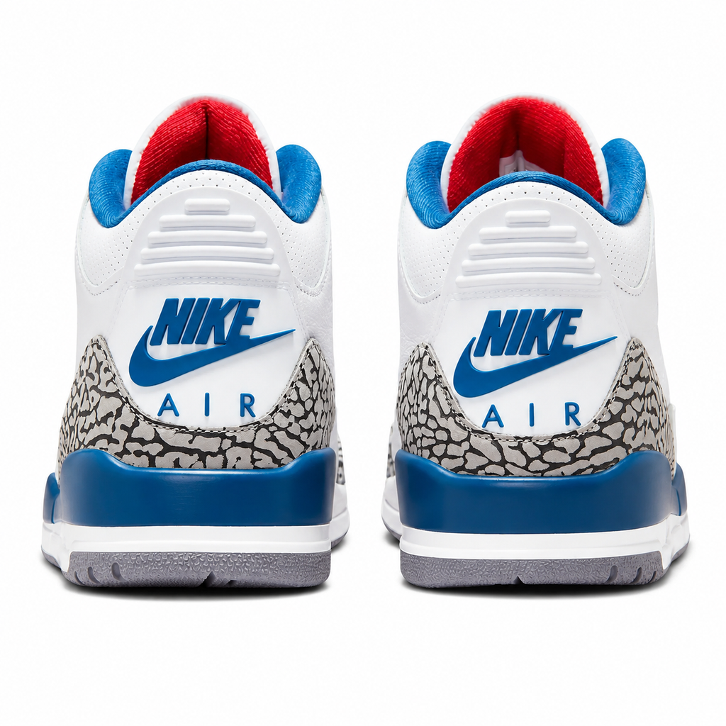 Air Jordan 3 Retro True Blue (2026) sneaker in White, True Blue, Fire Red, and Cement Grey with premium leather upper and elephant print overlays.
