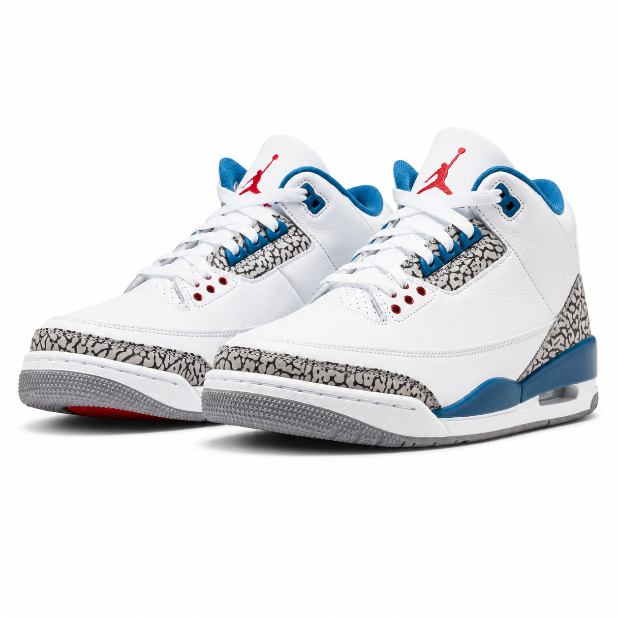 Air Jordan 3 Retro True Blue (2026) sneaker in White, True Blue, Fire Red, and Cement Grey with premium leather upper and elephant print overlays.
