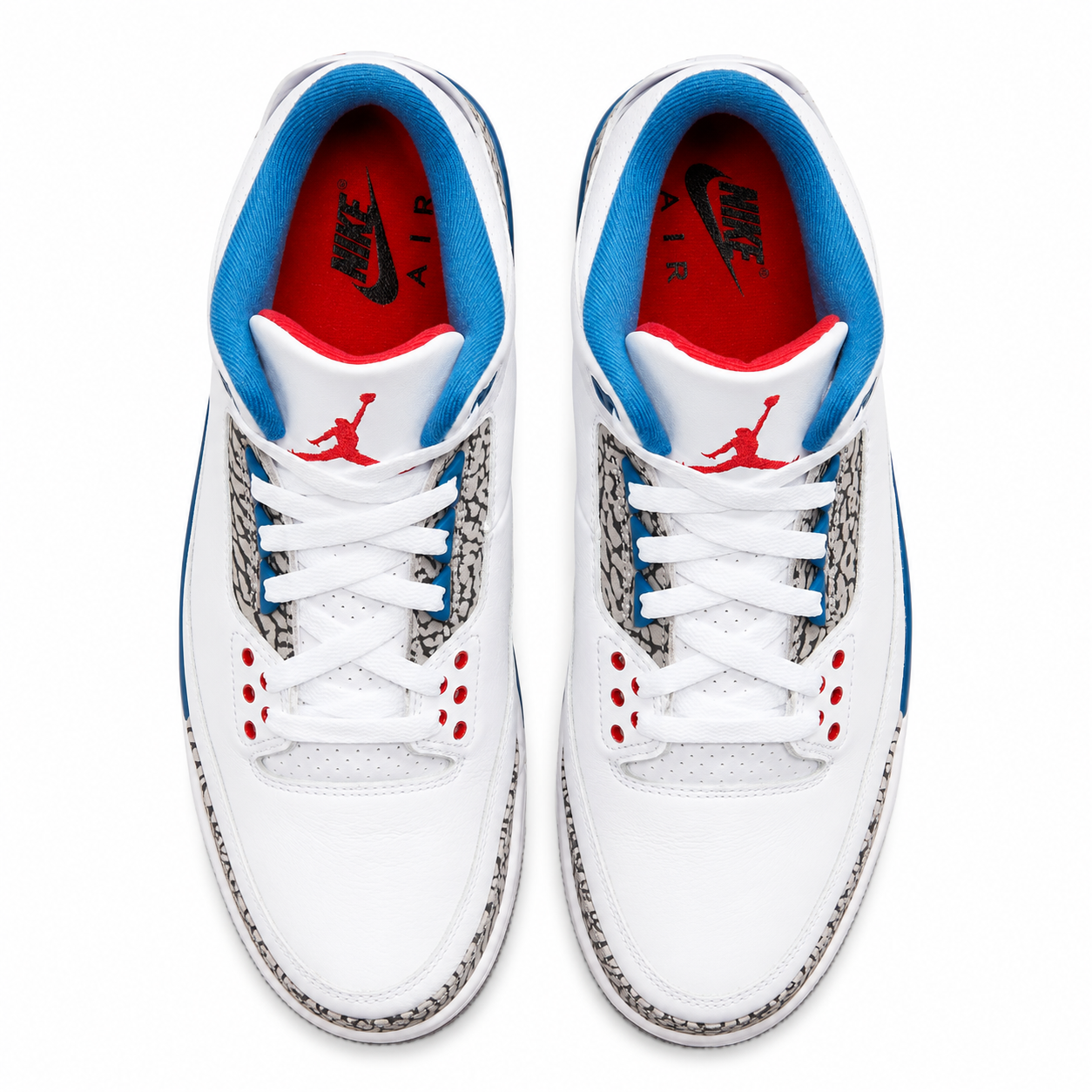 Air Jordan 3 Retro True Blue (2026) sneaker in White, True Blue, Fire Red, and Cement Grey with premium leather upper and elephant print overlays.