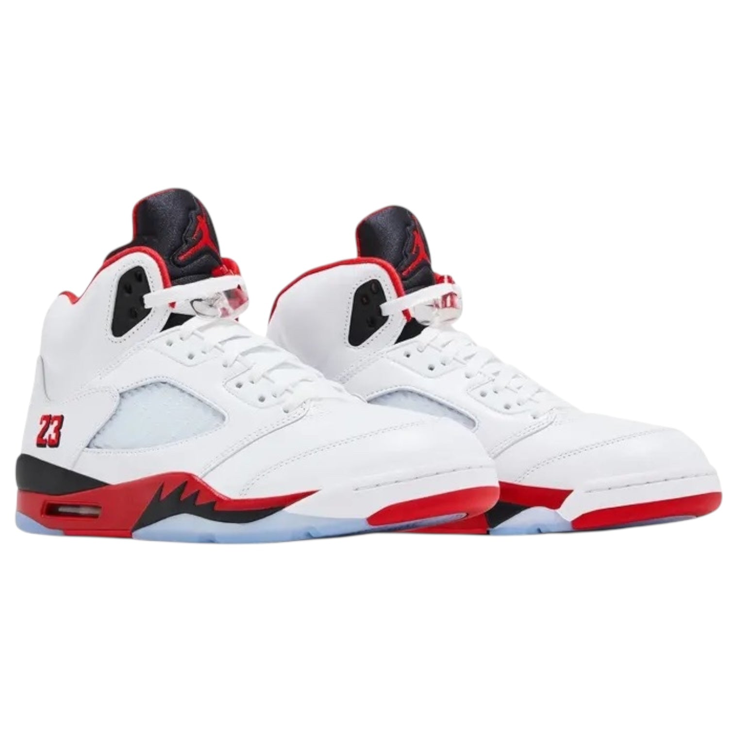 White sneakers with red and black accents on a white background