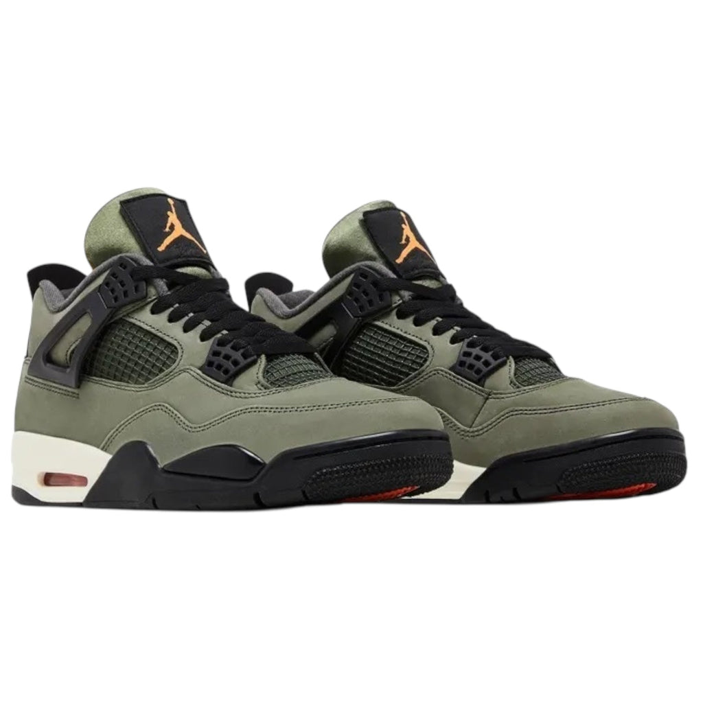 Pair of olive green and black sneakers with orange logo on a white background
