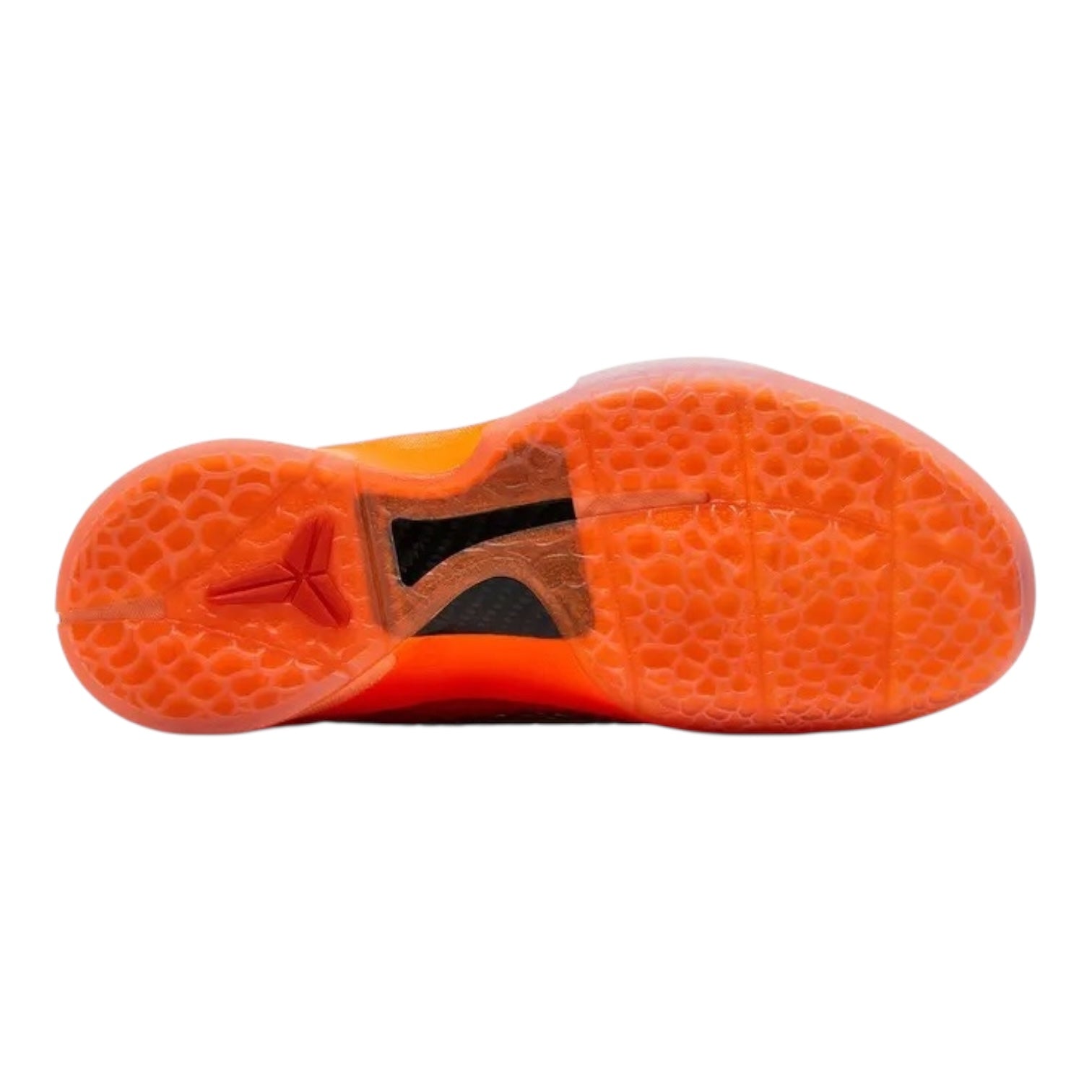 Close-up of an orange athletic shoe sole with a brand logo on a white background