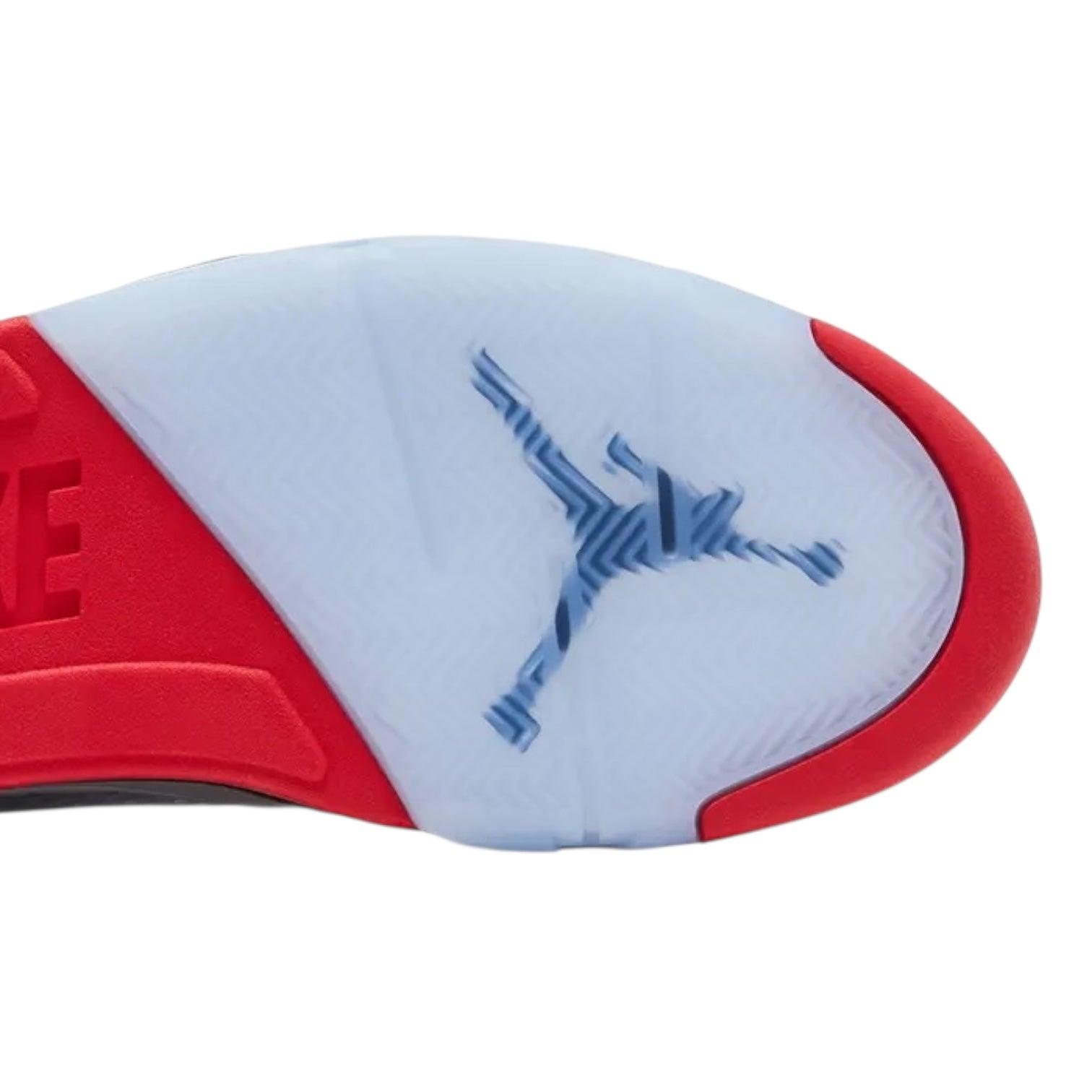 Close-up of a red, white, and blue sneaker with a brand logo on a white background