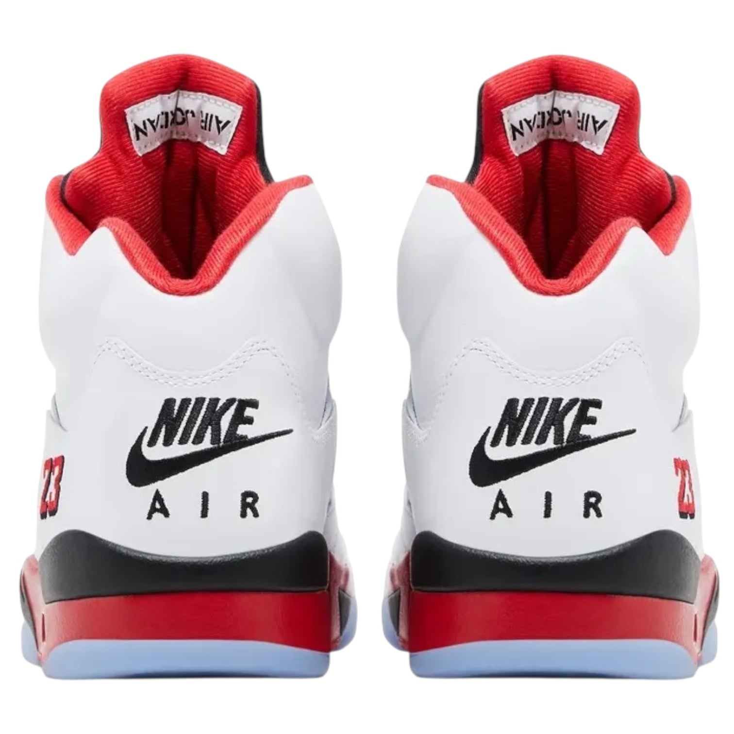 White and red Nike Air sneakers with black accents on a white background