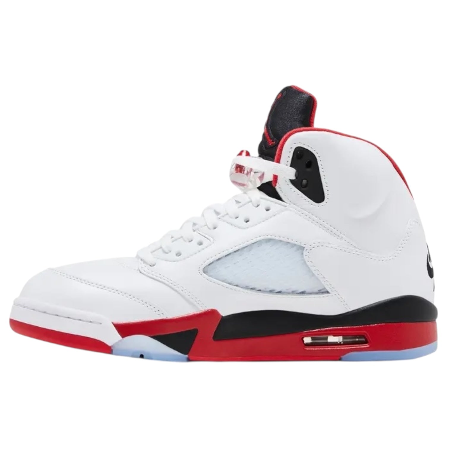 White high-top sneaker with red and black accents on a white background