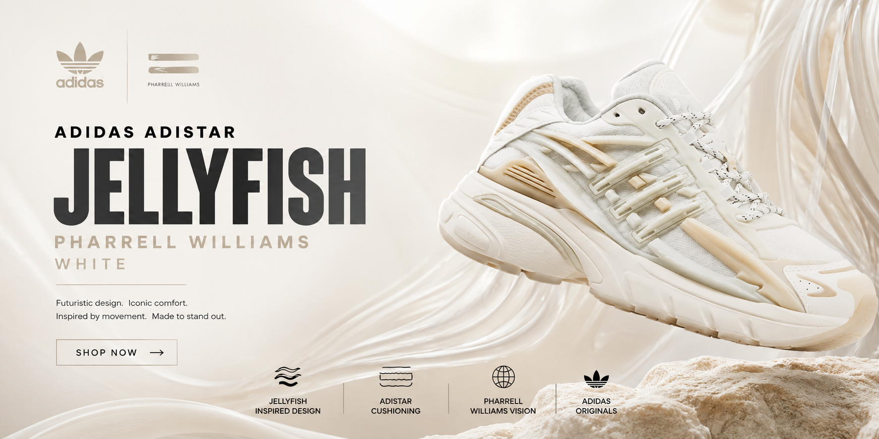 Ad banner for the Adidas x Pharrell Williams Jellyfish sneaker in white, featuring a 3D render of the sneaker on a flowing beige background with text and brand logos.