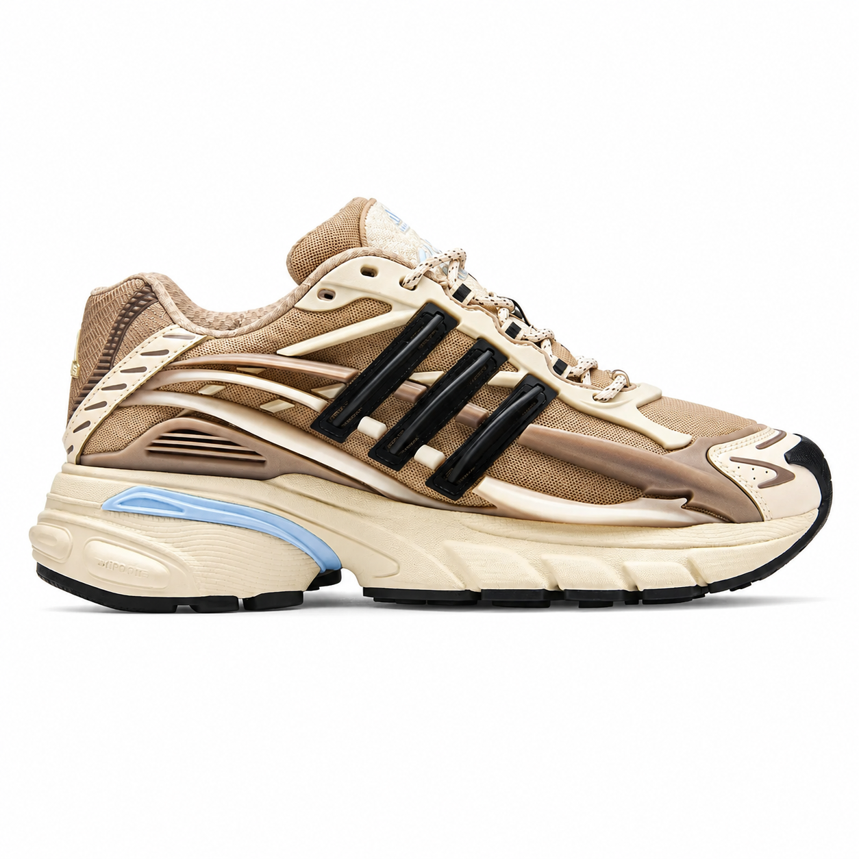 A beige and brown mesh sneaker with metallic bronze overlays, black three-stripes, a cream midsole, and a light blue accent on the heel, shown from a side profile on a white background.